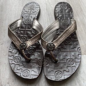 Tory Burch Thora Leather Snake-Print Thong Sandals